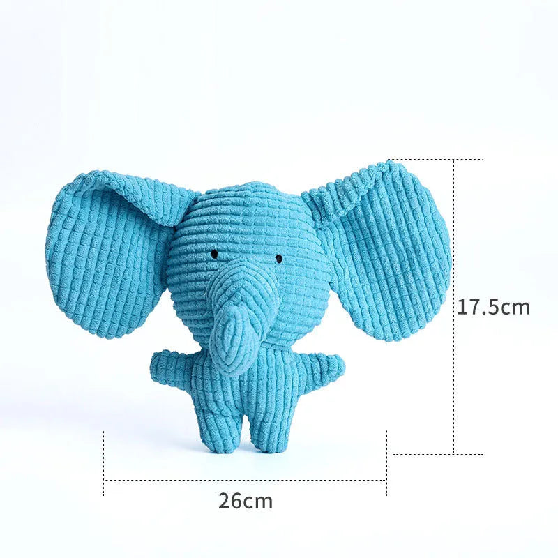 Animal-shaped plush dog chew toy with squeaker, available in multiple colours.