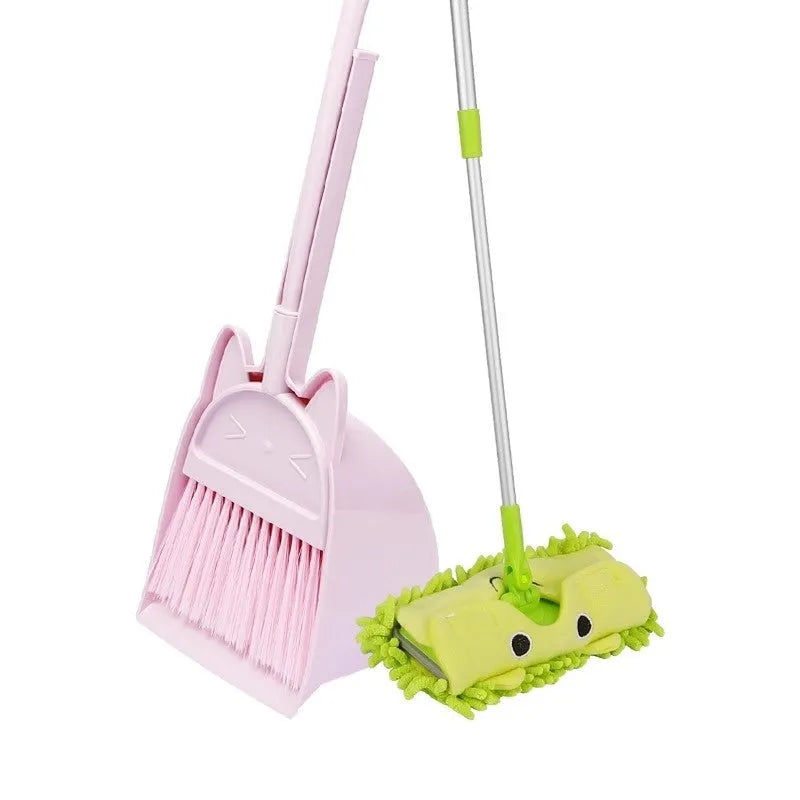 Purple plastic broom and dustpan set with rotating brush head and integrated storage holder