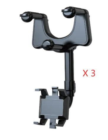 Black rearview mirror car phone holder showing 360-degree rotation and telescopic arm extension.