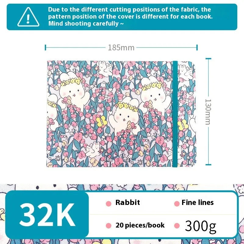 Feiluniao handmade fabric watercolour sketchbook with decorative cover, shown at 185mm length.