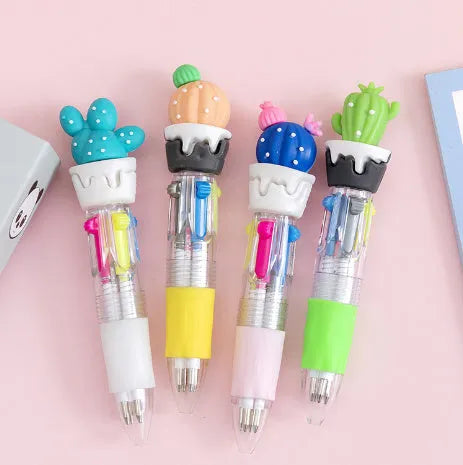 Four-colour press-action ballpoint pen with cartoon designs and 0.7mm bullet tip