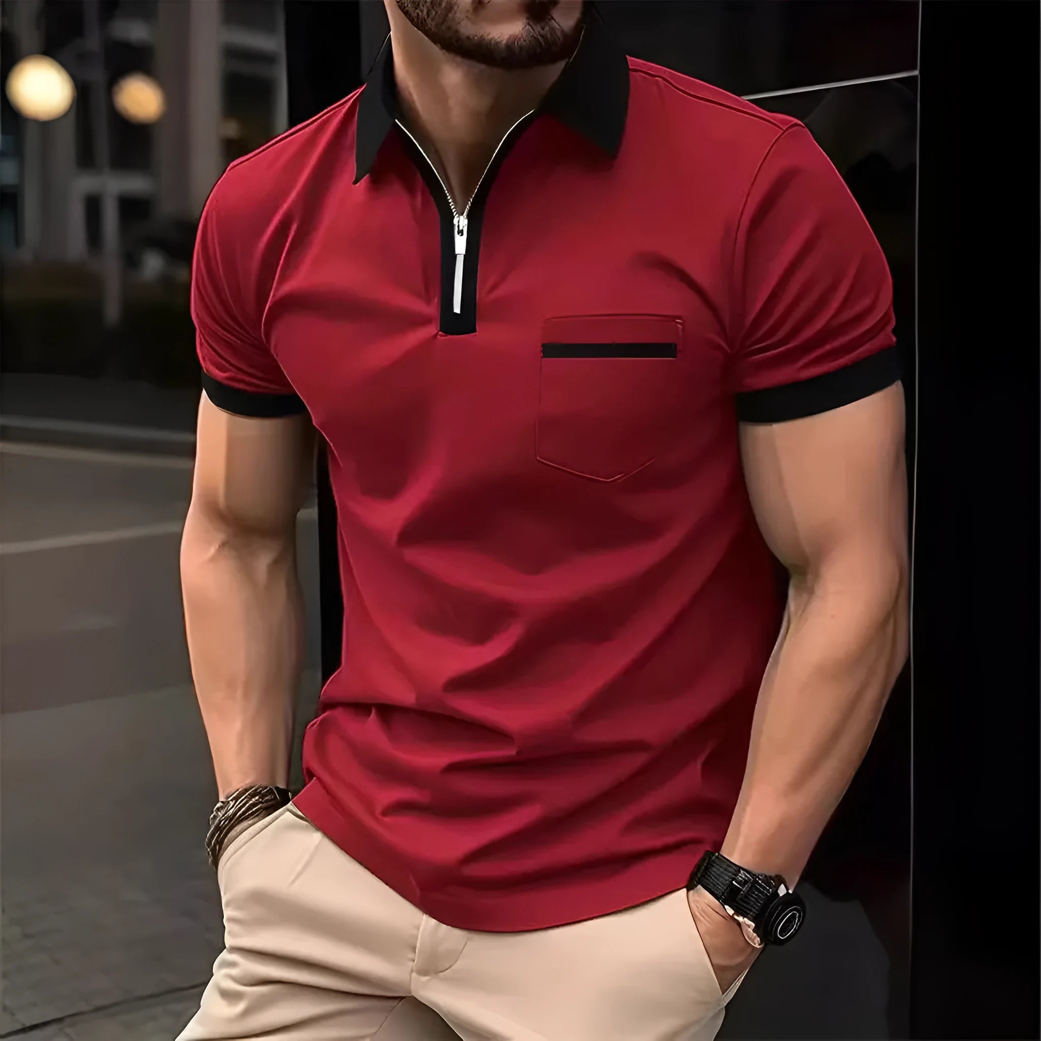 Men's casual short sleeve shirt with chest pocket and zip decorations in multiple colour options