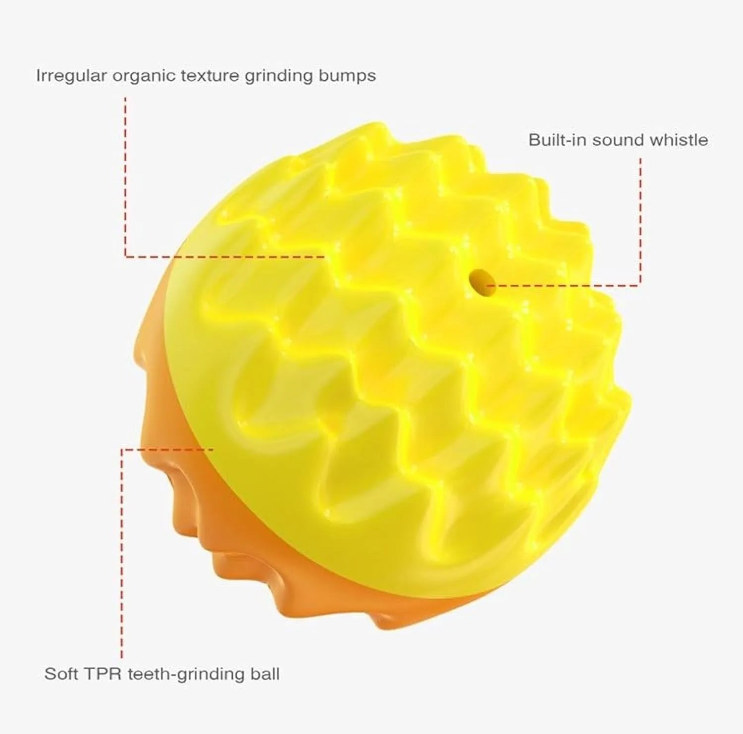 Blue and orange squeaky dog ball toy with spiky texture for dental cleaning