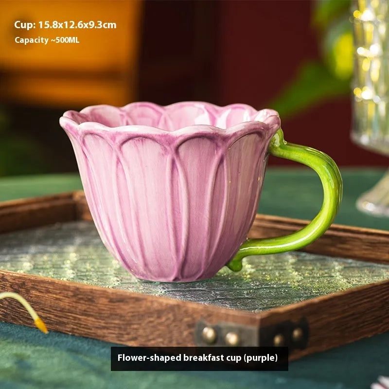 Ceramic breakfast cup with floral pastoral pattern showing 500ml capacity and red or purple colour options