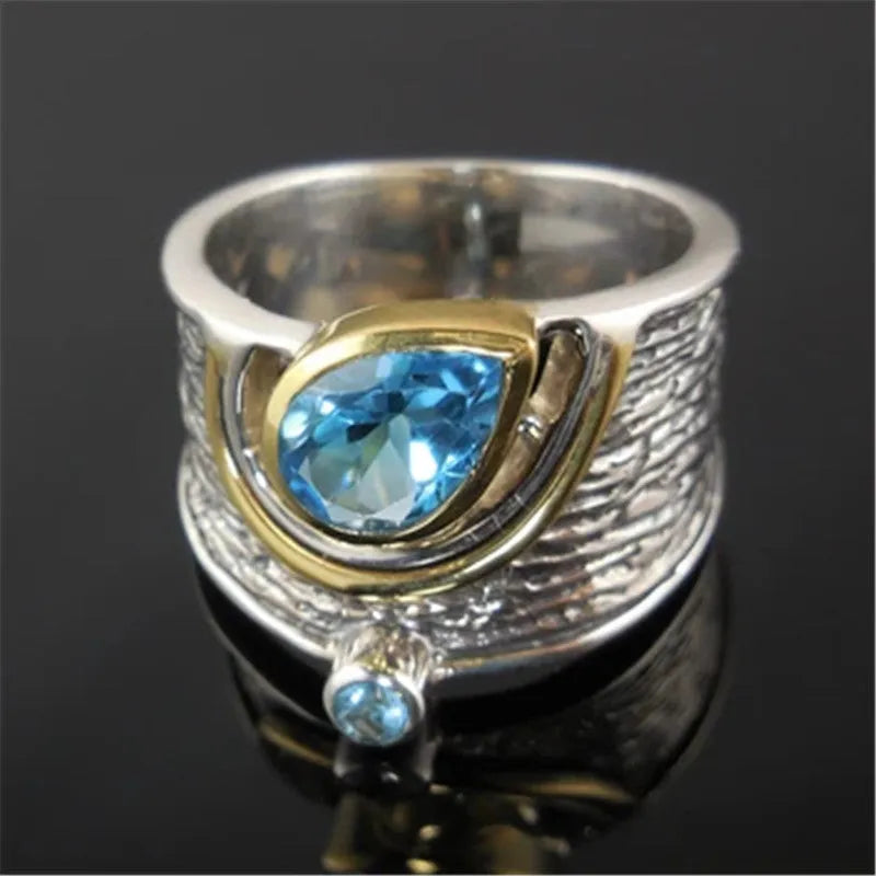 Chinese style women's blue zircon alloy ring with drop shape design