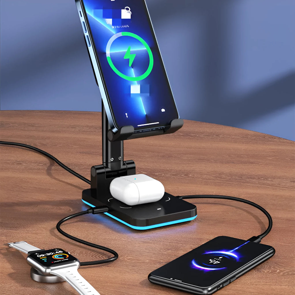 Black desktop wireless charging phone holder stand on a wooden desk