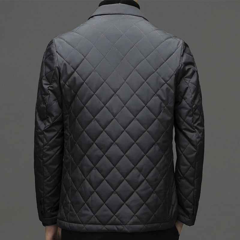 Men's lapel collar down jacket in black colour with side seam pockets
