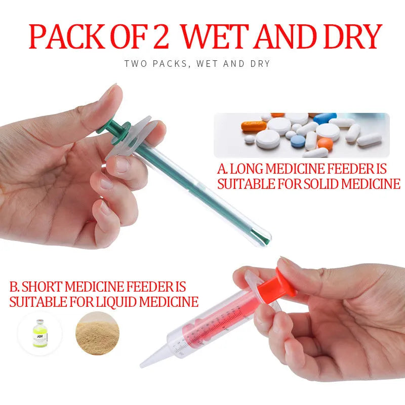 Two pet pill shooters with soft silicone tips for cat and dog tablet administration