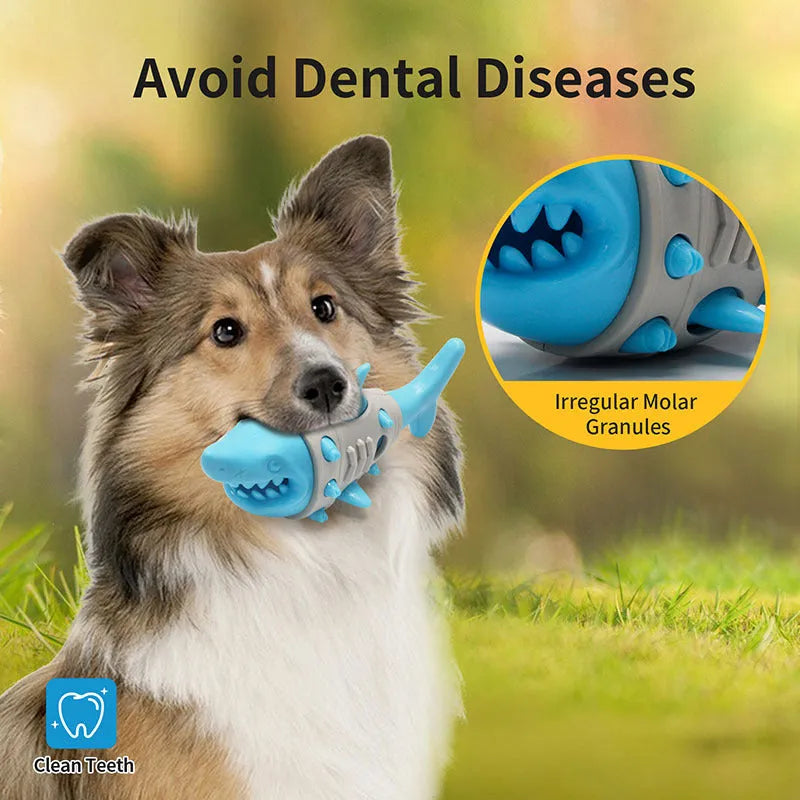Blue shark-tooth textured dog chew toy for teething puppies on a white background.