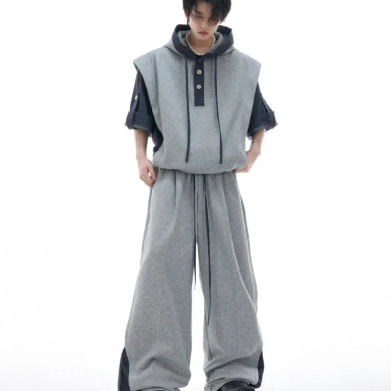 Men's hooded polyester sports leisure suit with three-dimensional stitching short sleeve jacket and matching trousers