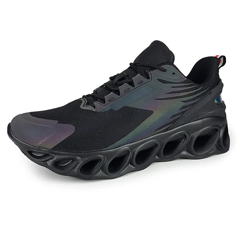 Men's low-top breathable mesh casual sports shoes in black, white, and dark blue on a white background.