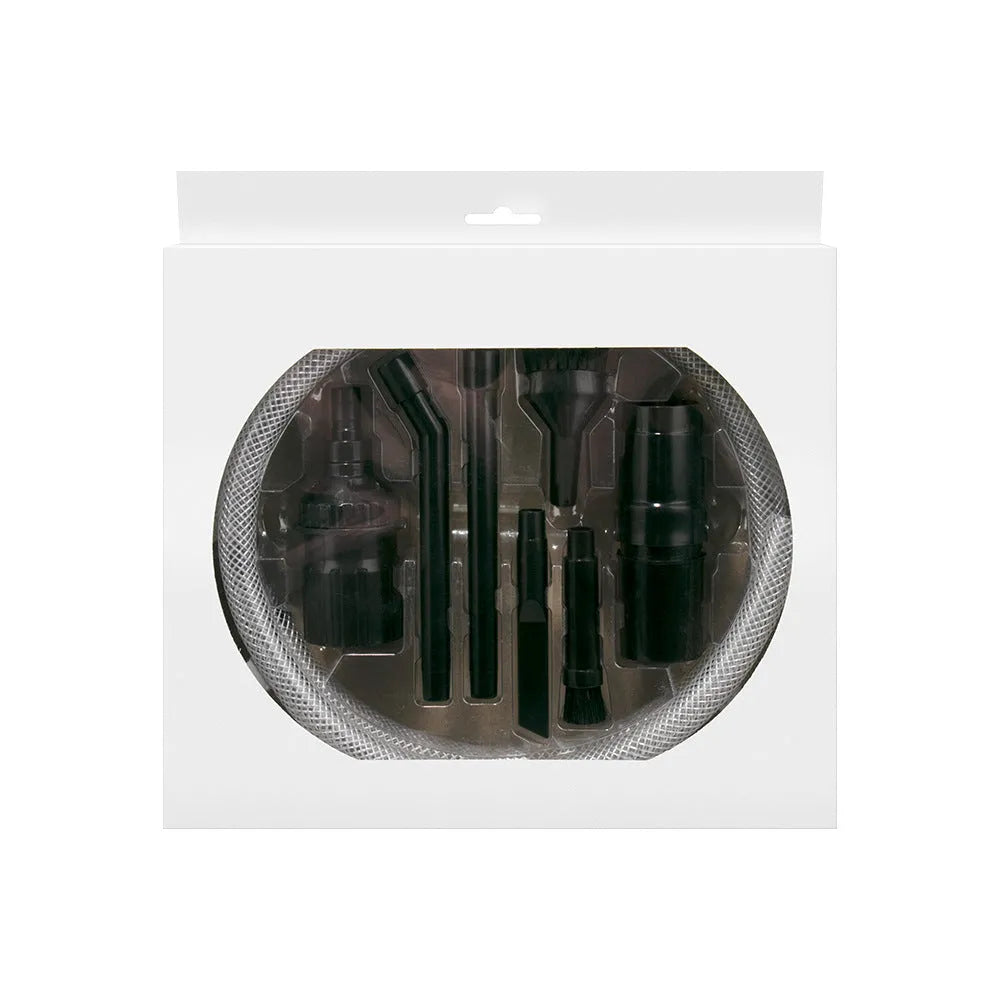 Eight-piece vacuum cleaner nozzle set with crevice tool, brushes, and storage bag for home and car cleaning.