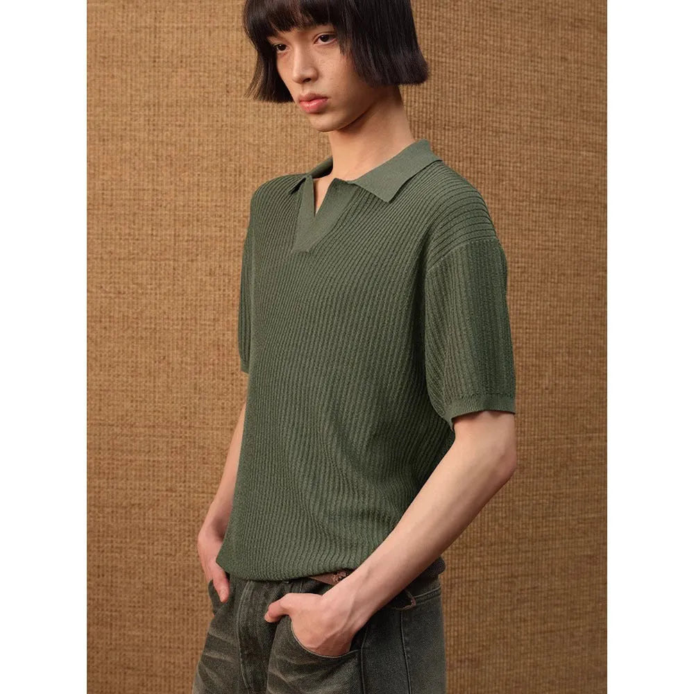 Men's summer polo shirt with striped collar in thin fabric available in creamy white, black and grey colours