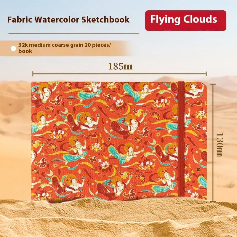 Feiluniao handmade fabric watercolour sketchbook with decorative cover, shown at 185mm length.