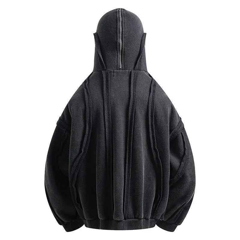 Black cotton padded cardigan coat with zip-up hood and loose retro styling