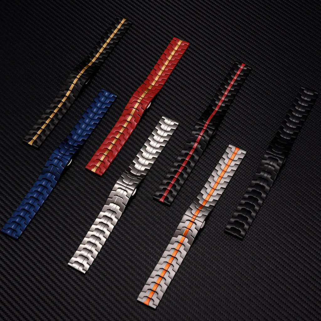 Stainless steel watch strap for Samsung Galaxy Watch showing silver and black colour options