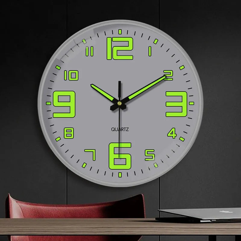 20cm diameter modern wall clock with luminous dial showing plastic construction and contemporary design