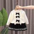 Knitted two-piece baby girl skirt suit with long-sleeve bow top and skirt in red, black or pink, sizes 80cm to 130cm
