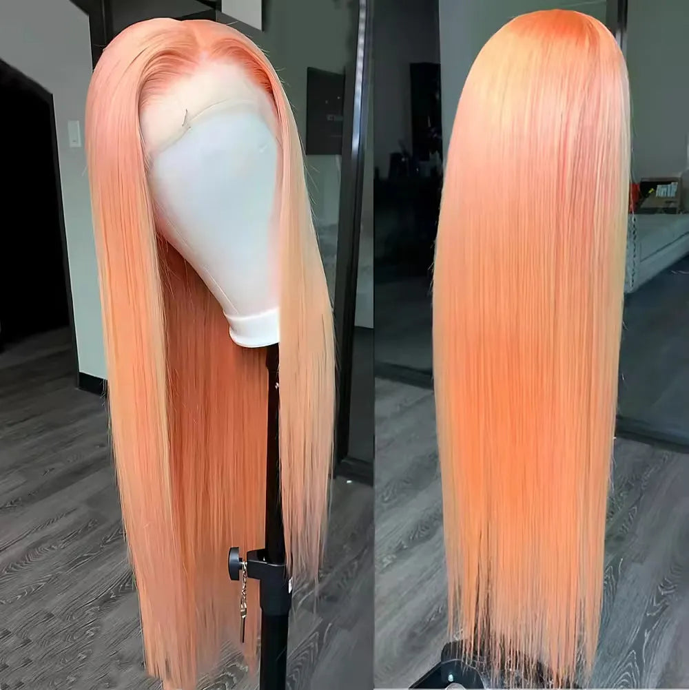 Light orange long straight synthetic wig with front lace and side bangs