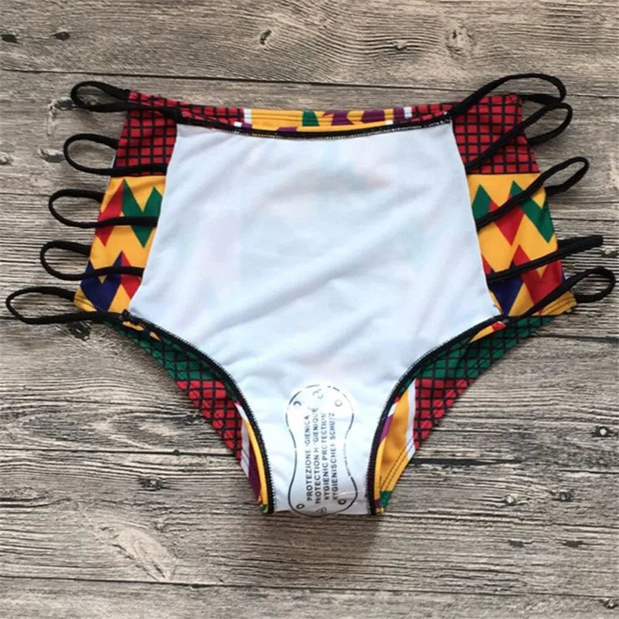 Women's high-waist split bikini swimsuit with backless design and digital printing