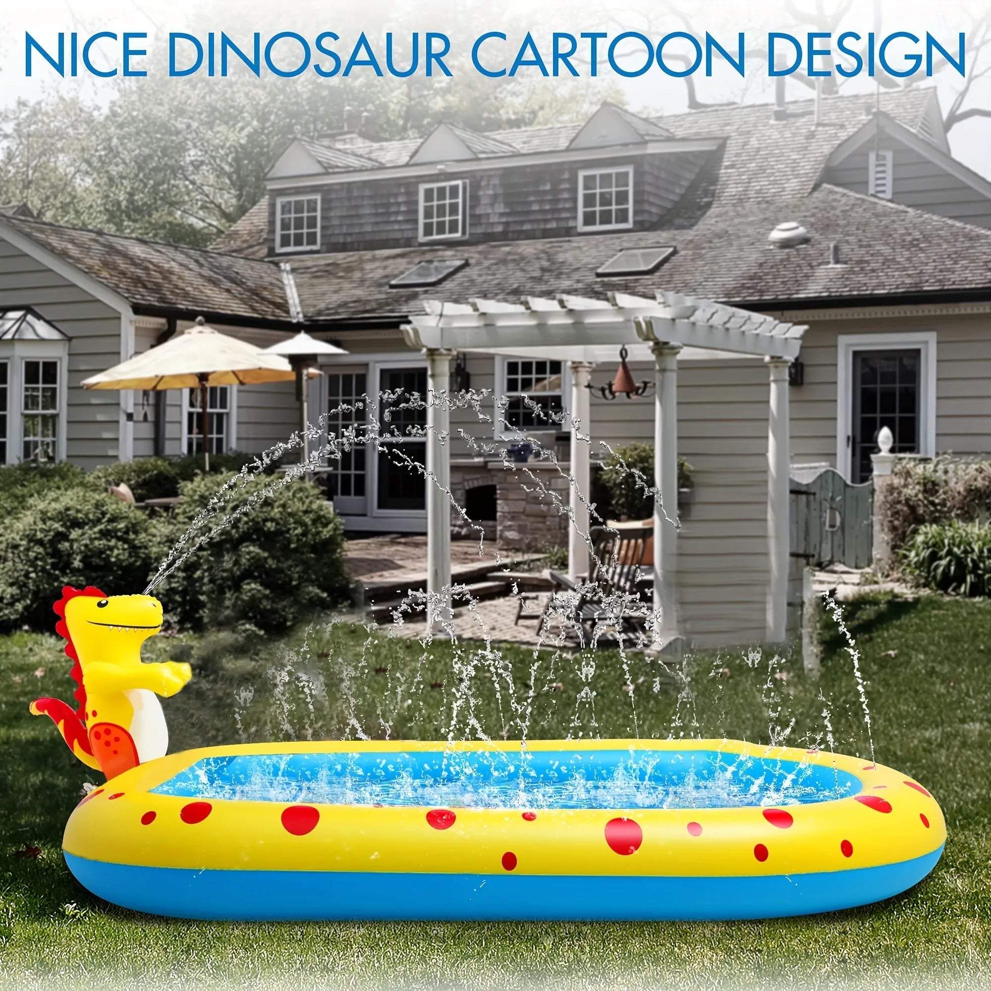 Blue dinosaur inflatable water spray pool with splash mat and toy shark for garden play