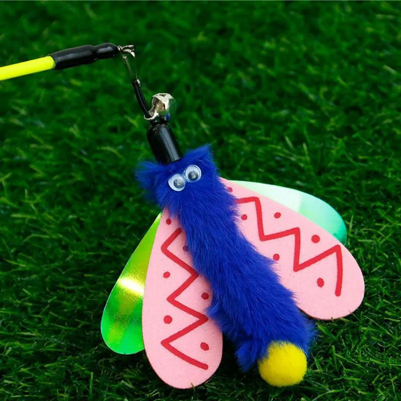 Blue cat wand toy with dragonfly attachment and bell on 49cm stick for interactive indoor play
