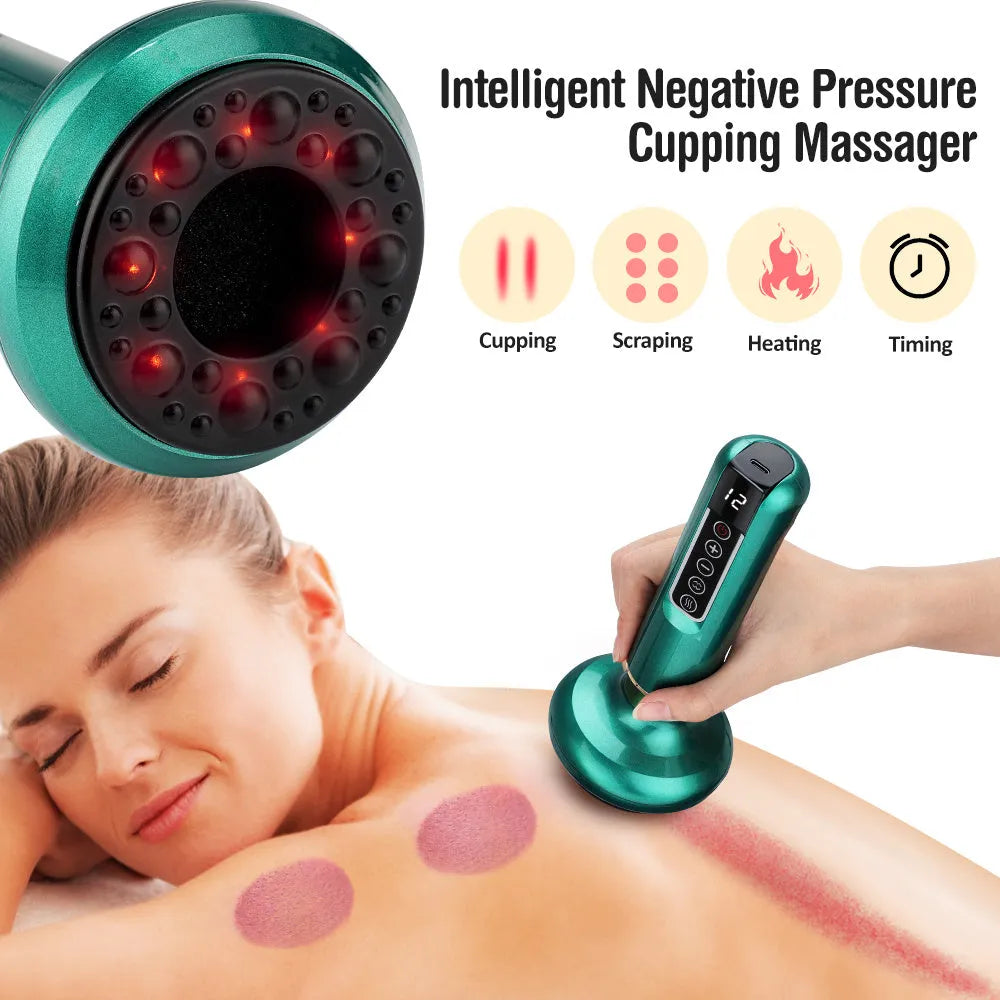 Green electric vacuum cupping massager with gua sha head on a white background.