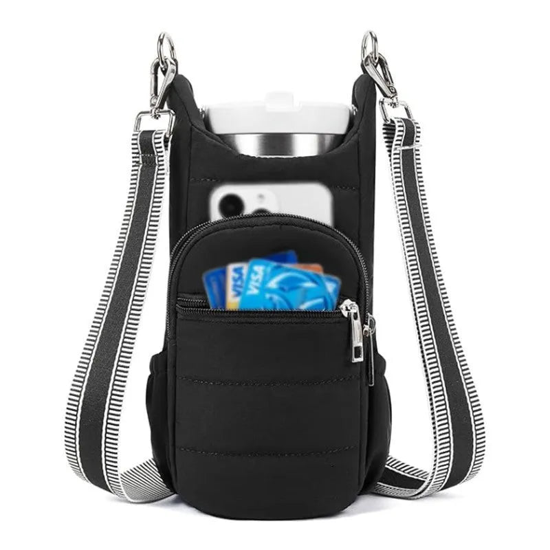 Cloth bicycle water bottle bag in modern simplicity style shown in black, pink, and beige colour options