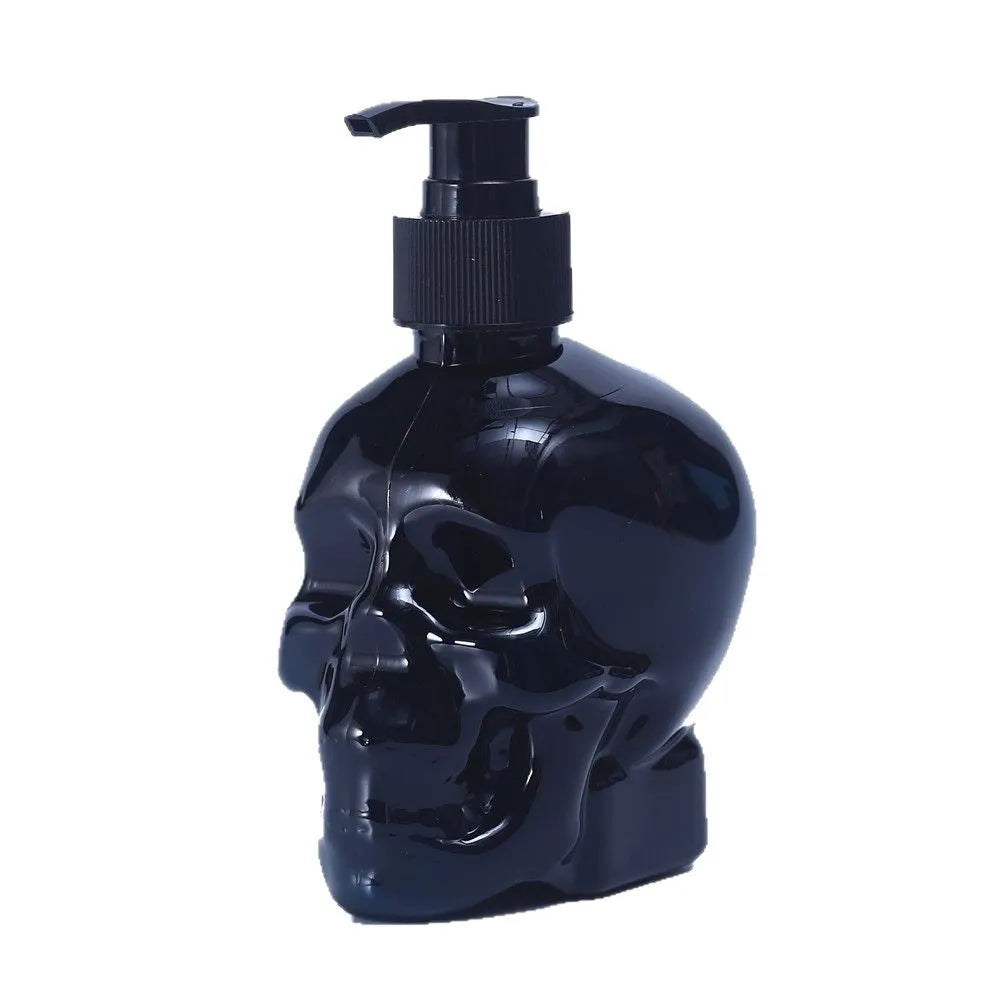 350ml skull-shaped empty hand sanitiser bottle in white, transparent or black plastic, 9.8cm x 7cm x 15.5cm