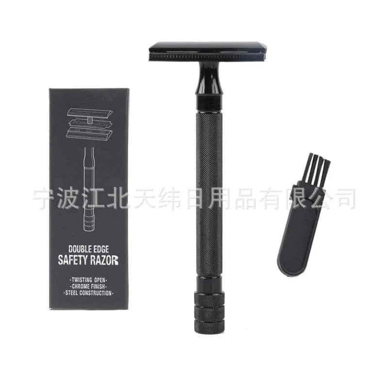 Manual shaving razor set with metal scraper and brush in black or silver finish for traditional wet shaving