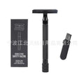 Manual shaving razor set with metal scraper and brush in black or silver finish for traditional wet shaving