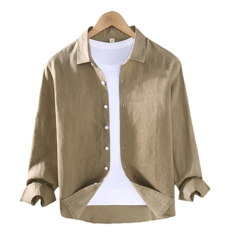 Men's solid colour linen long sleeve shirt in a cardigan style, shown in ankarat red