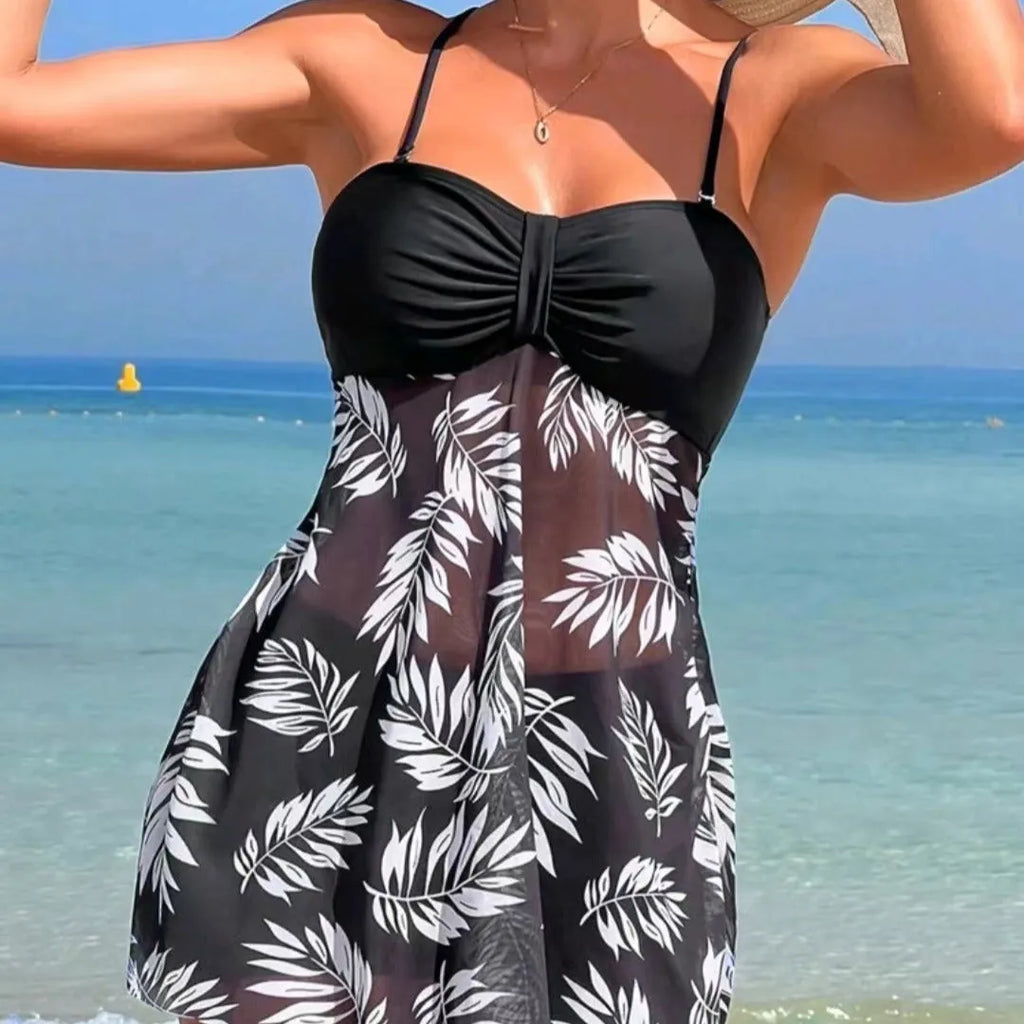 Women's black high waist mesh swimsuit briefs with a split boxers design on a mannequin.
