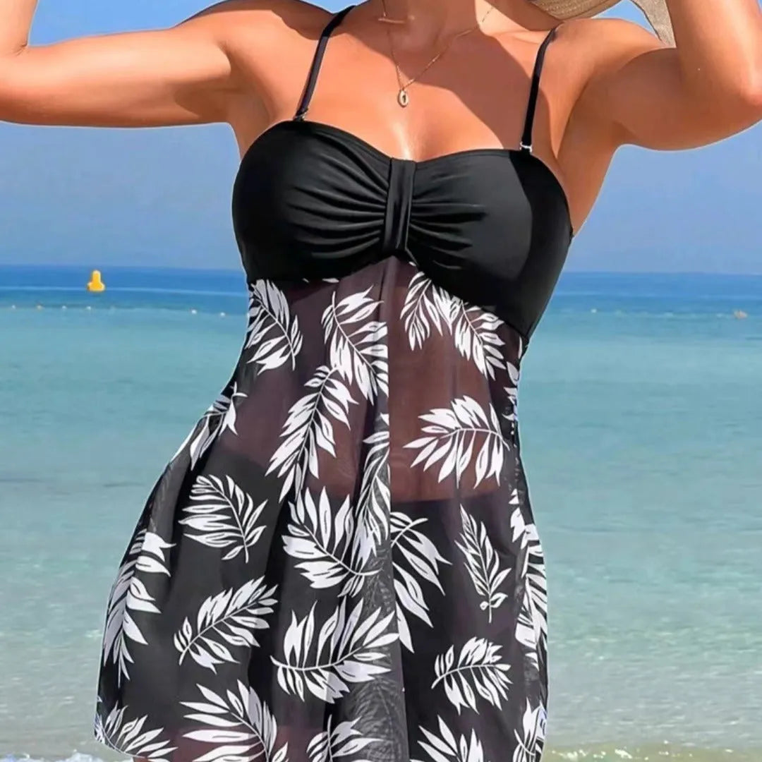 Women's black high waist mesh swimsuit briefs with a split boxers design on a mannequin.