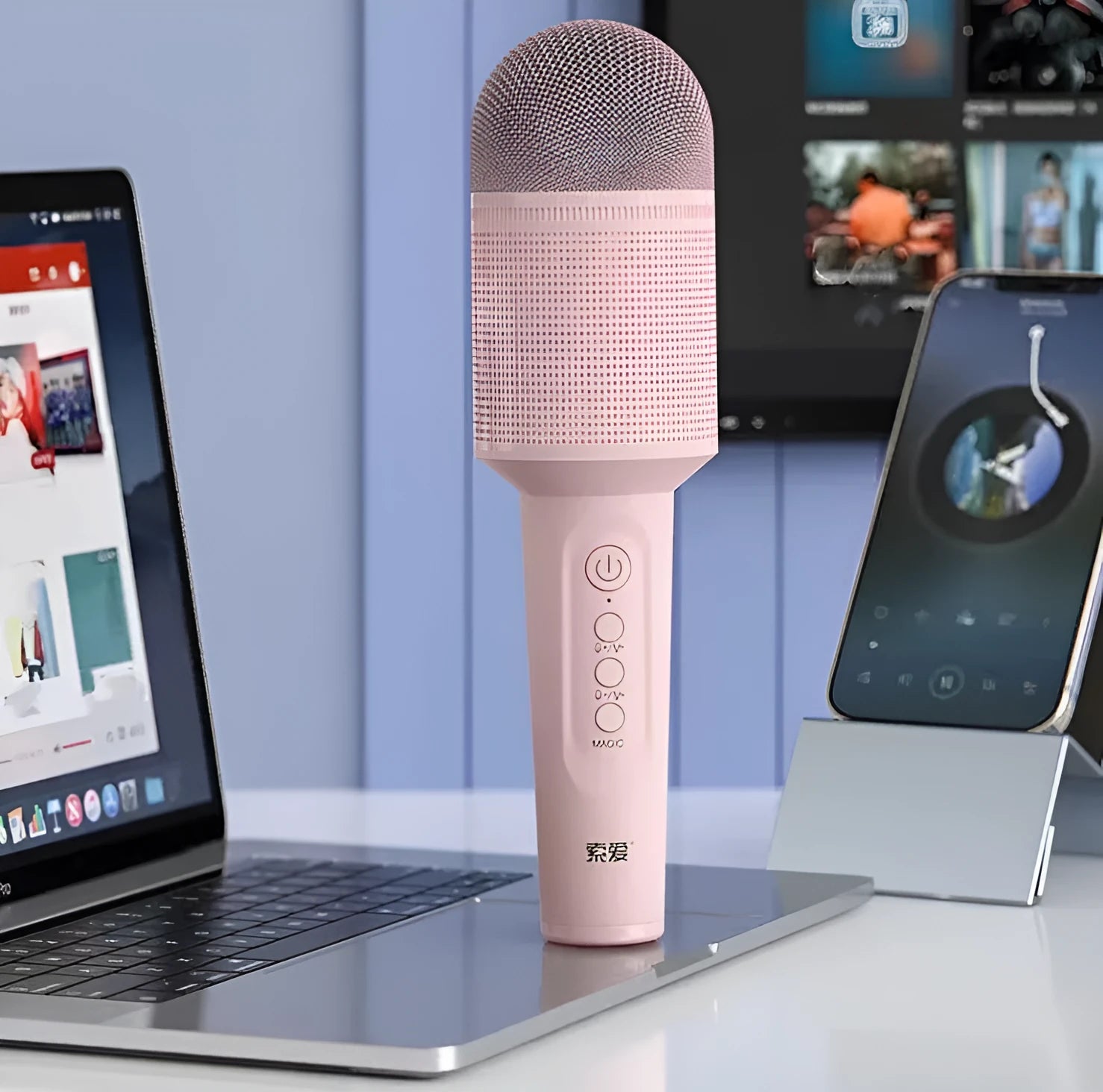Wireless Bluetooth karaoke microphone in pink, blue, and green colour options showing integrated audio design.
