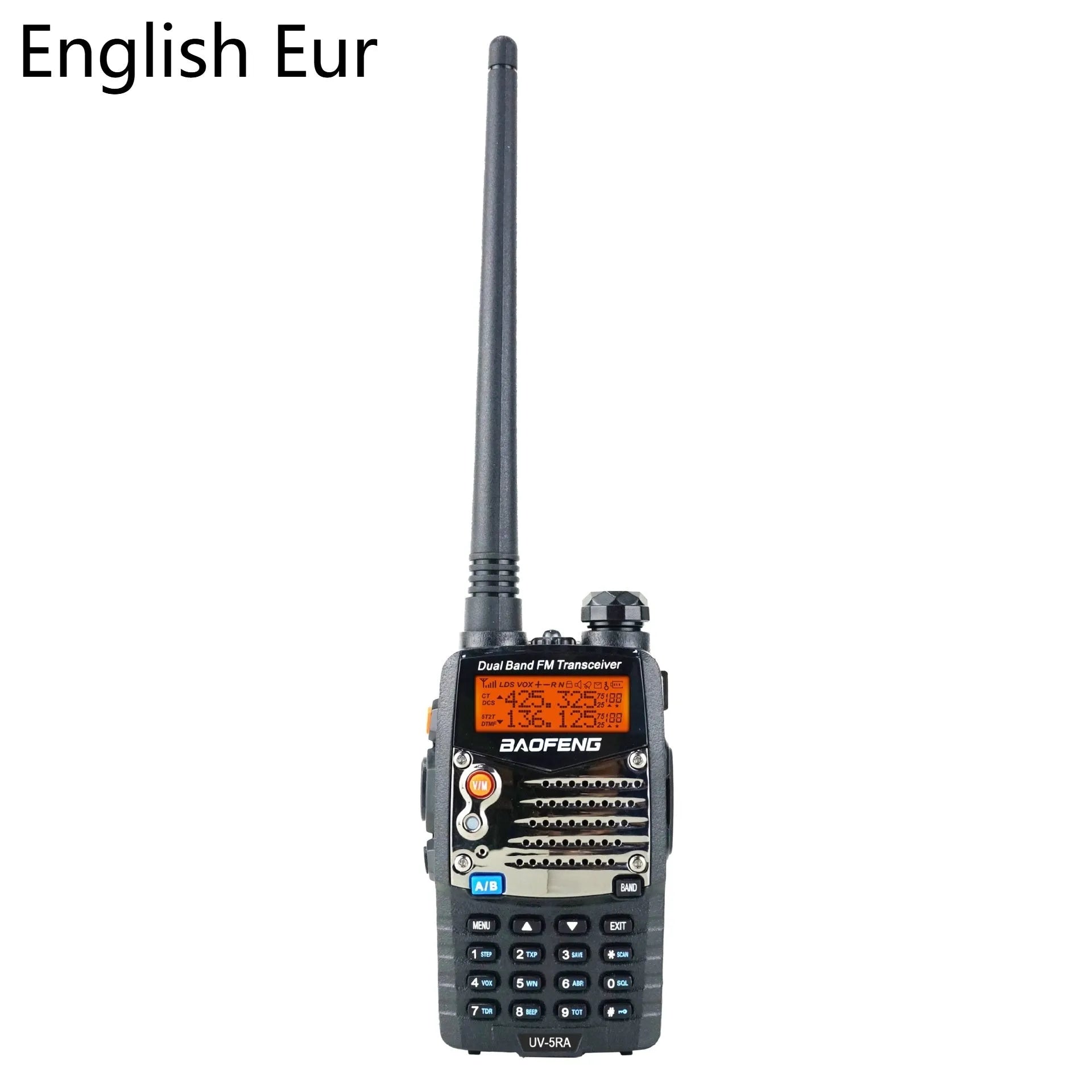 Baofeng UV-5RA dual display two-way radio with optional headset configurations.