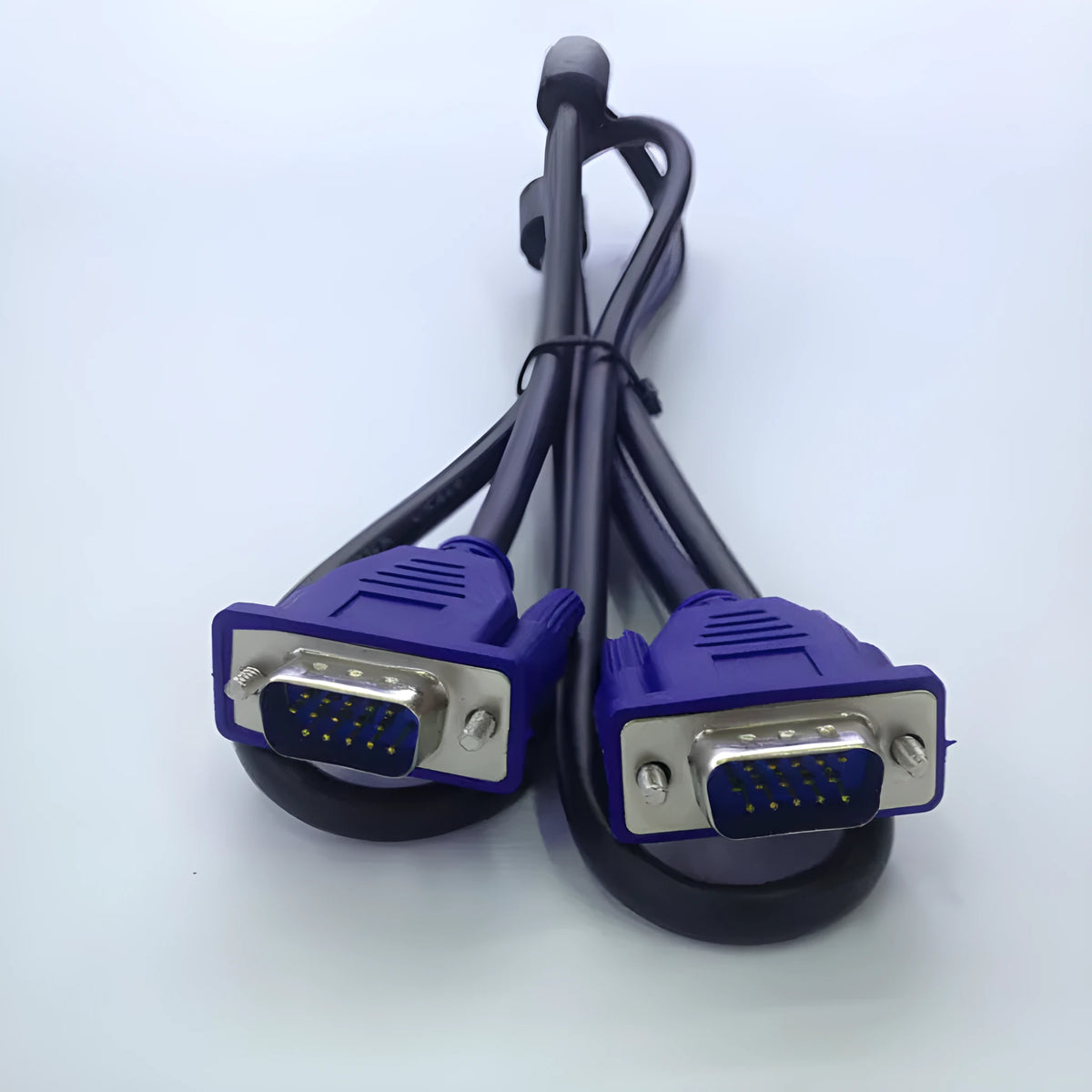 Black VGA cable with blue moulded connectors, 1.5 metres long for monitor and TV connections