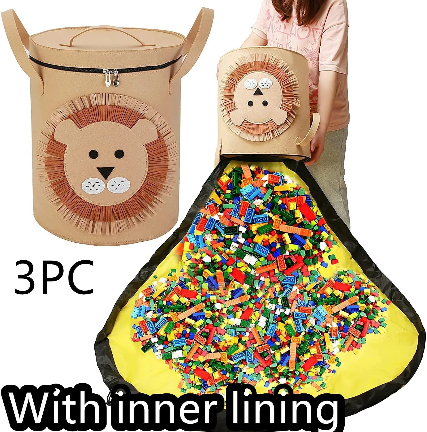 Green felt cube storage bag with pull rope laid flat as play mat for toy organisation