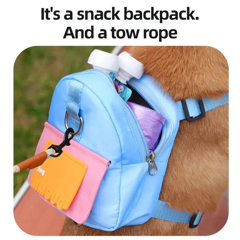 Blue dog backpack with harness and storage compartment for snacks during outdoor activities