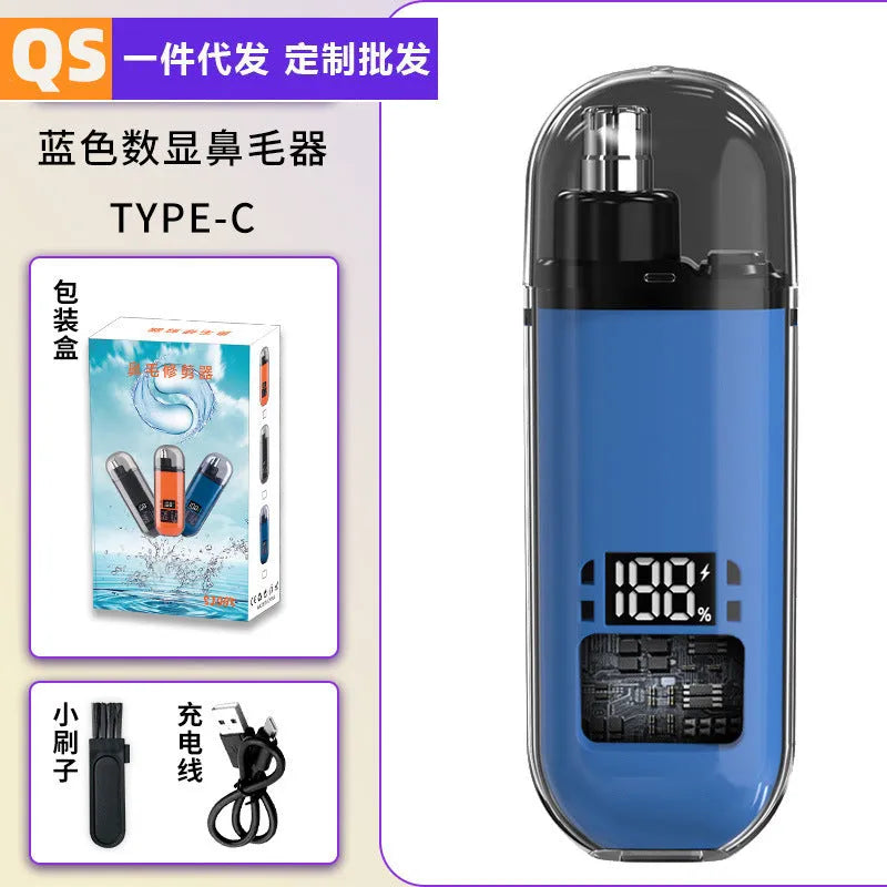Rechargeable nose hair trimmer with digital display, removable cutter head, and cleaning brush