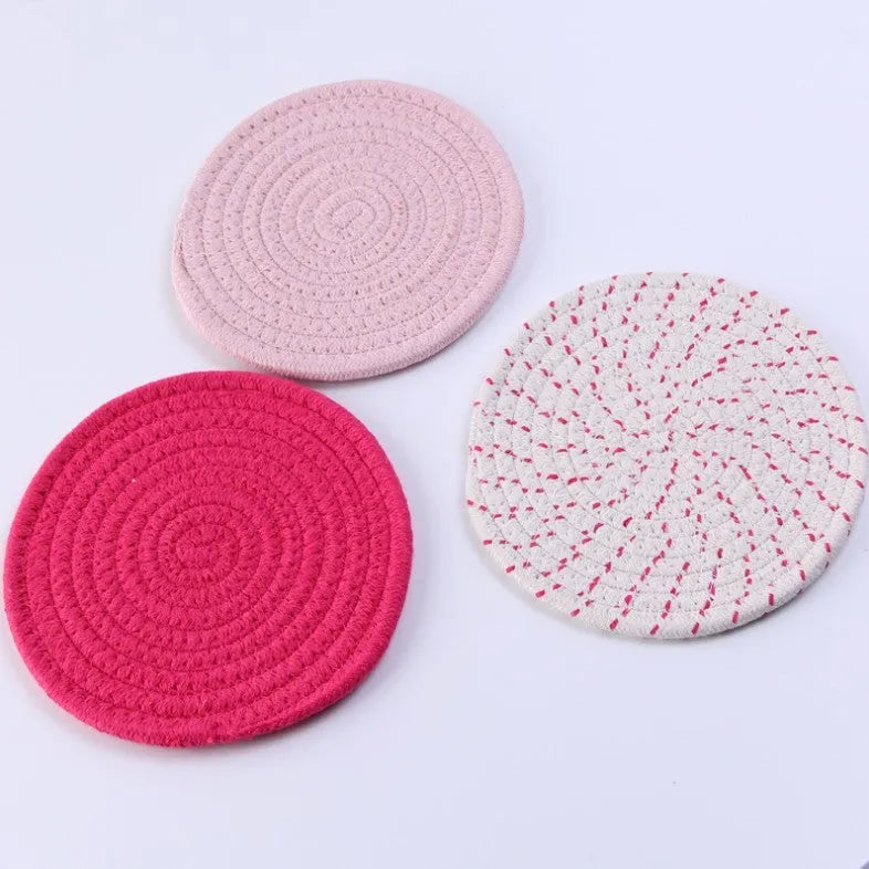 Three round cotton cord coasters in modern simplicity style with 18cm diameter