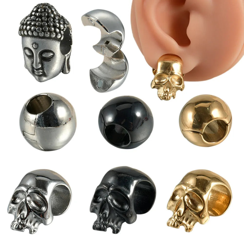 Stainless steel hollow skull Buddha earrings with geometric designs in four colour options