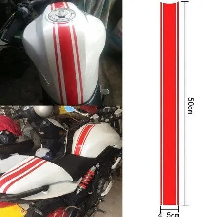 Long black and silver reflective pinstripe motorcycle vinyl sticker for gas tank lid, shown at 50cm length.