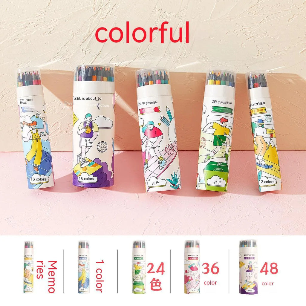 Zhenglin Sports Series coloured pencil sets in paper barrel case showing 24 and 36 colour options.