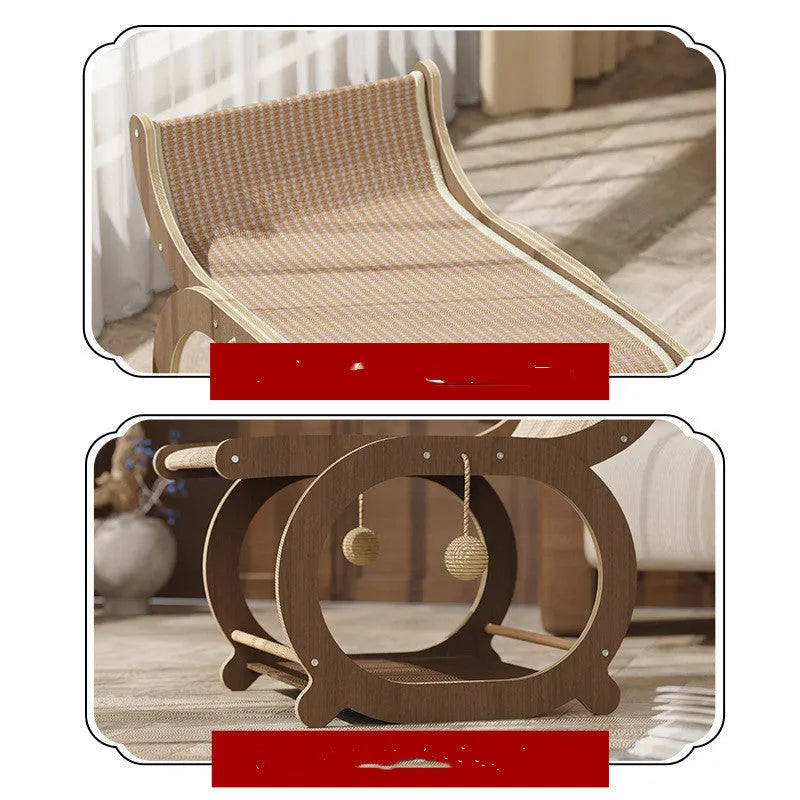 Solid wood sisal cat scratching mat bed in walnut colour with integrated lounger area