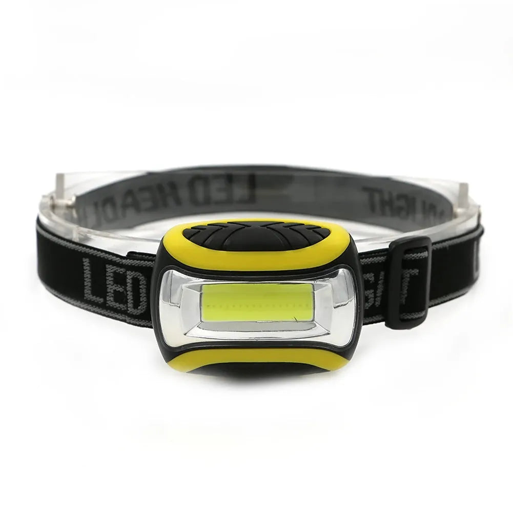 Yellow three-speed COB headlamp with elastic head strap shown from the front.