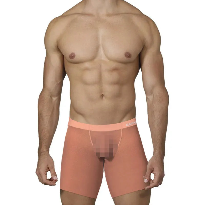 Ice silk men's boxers in solid orange, pink, or red colours with low waist design