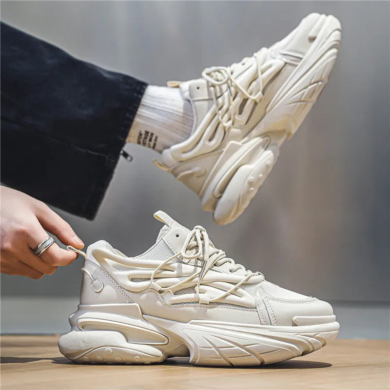 Men's low-top sneaker in beige with mesh upper, PU leather details, and rubber sole