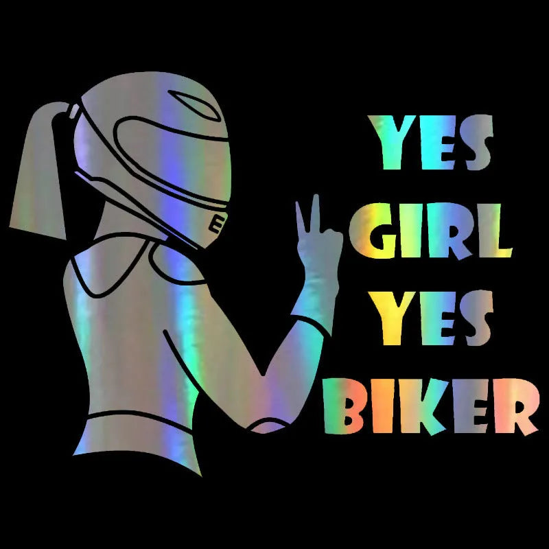 Waterproof car sticker with girl rider motorcycle pattern in black, white, and laser colours measuring 16cm by 15cm
