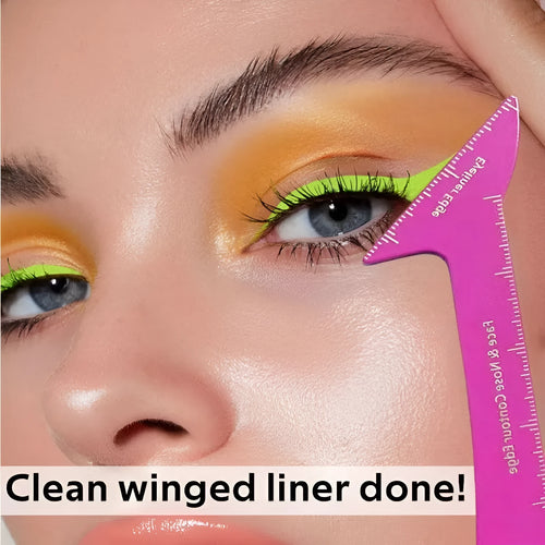 3-in-1 eyeliner stencils tool for hooded eyes showing winged eyeliner, eyebrow and face contour guides